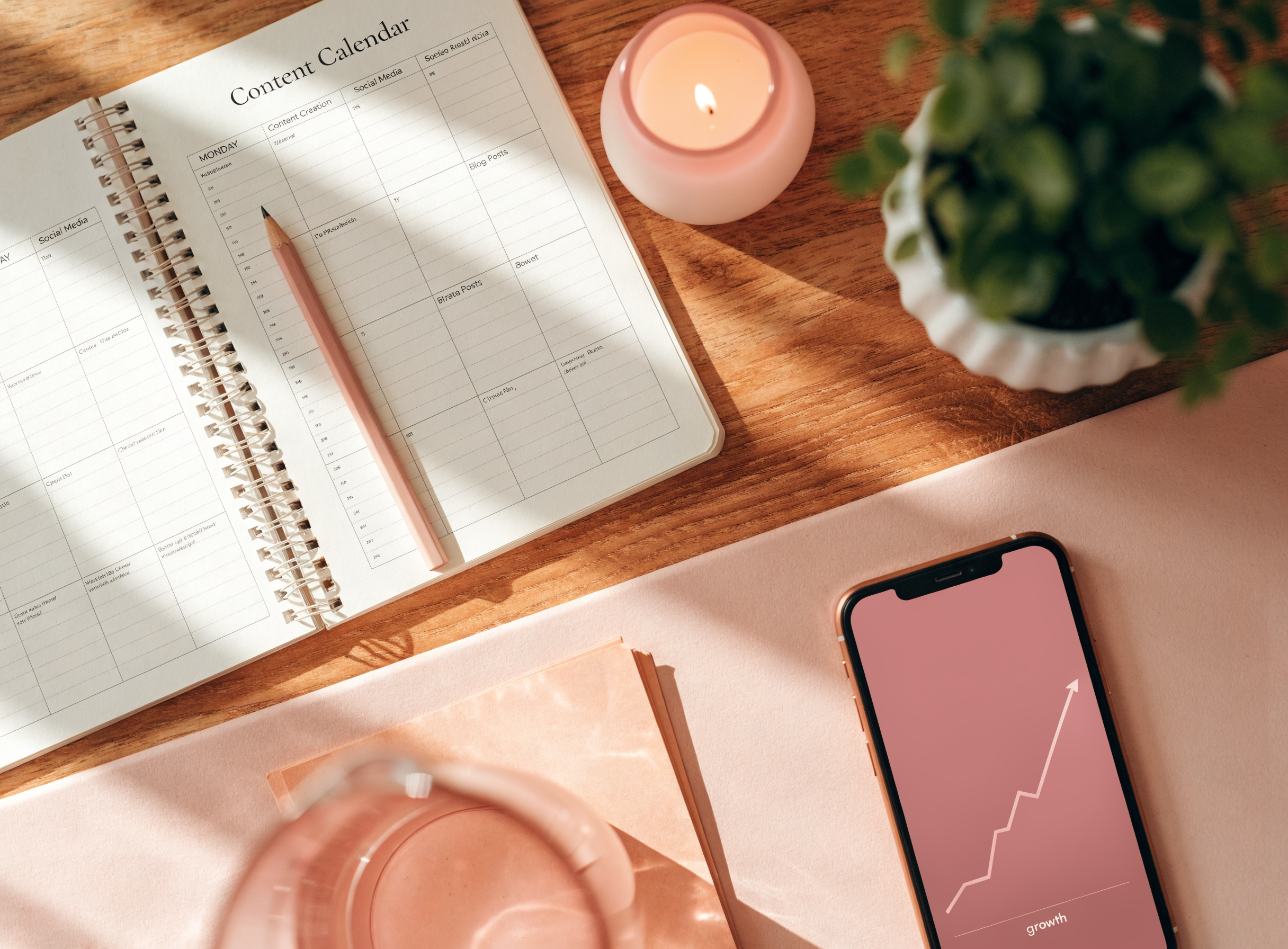 Content-Kalender mit Notizen, Stift und Handy mit steigendem Wachstums-Chart — strategische Content-Planung für Creatorinnen auf OnlyFans und Fansly.