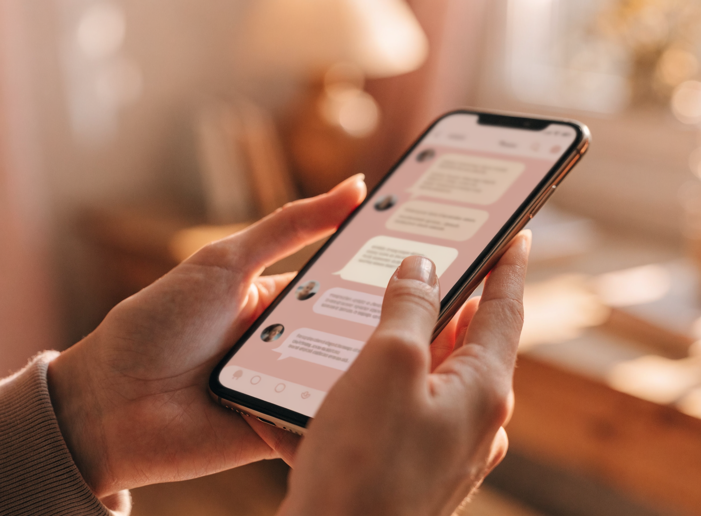 Hände halten ein Smartphone mit rosé Chat-Oberfläche — das deutschsprachige Chat-Team von Candy Creator übernimmt die tägliche Fan-Kommunikation.