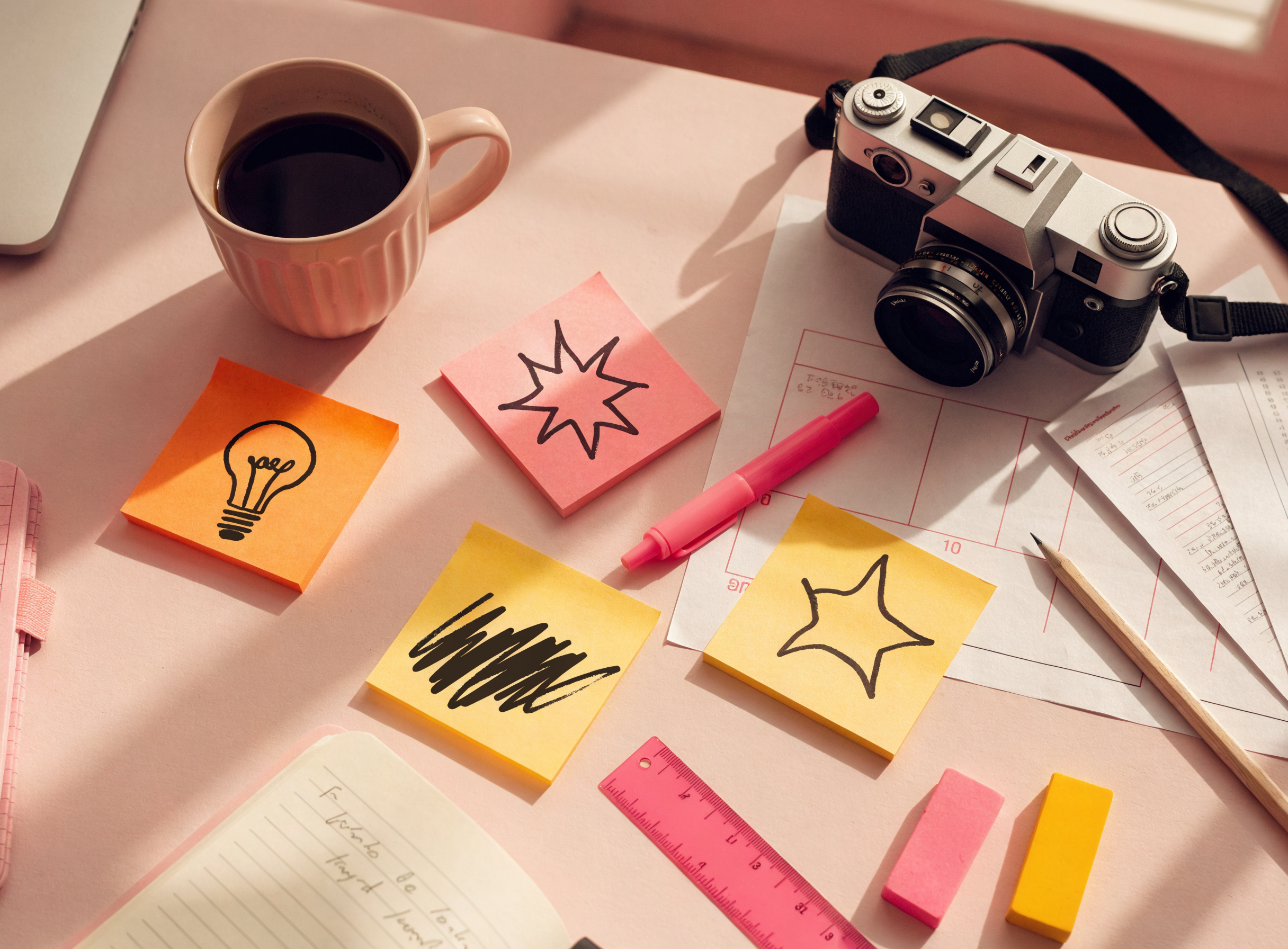Rosé-farbenes Titelbild mit Kamera, Notizbuch und Content-Icons — Ratgeber OnlyFans Content-Ideen von Candy Creator Agency.